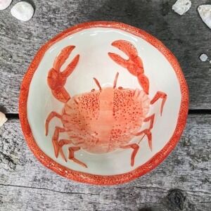Vieri Style Crab Bowl, Vintage Italian Hand Painted Orange White Coastal Pottery